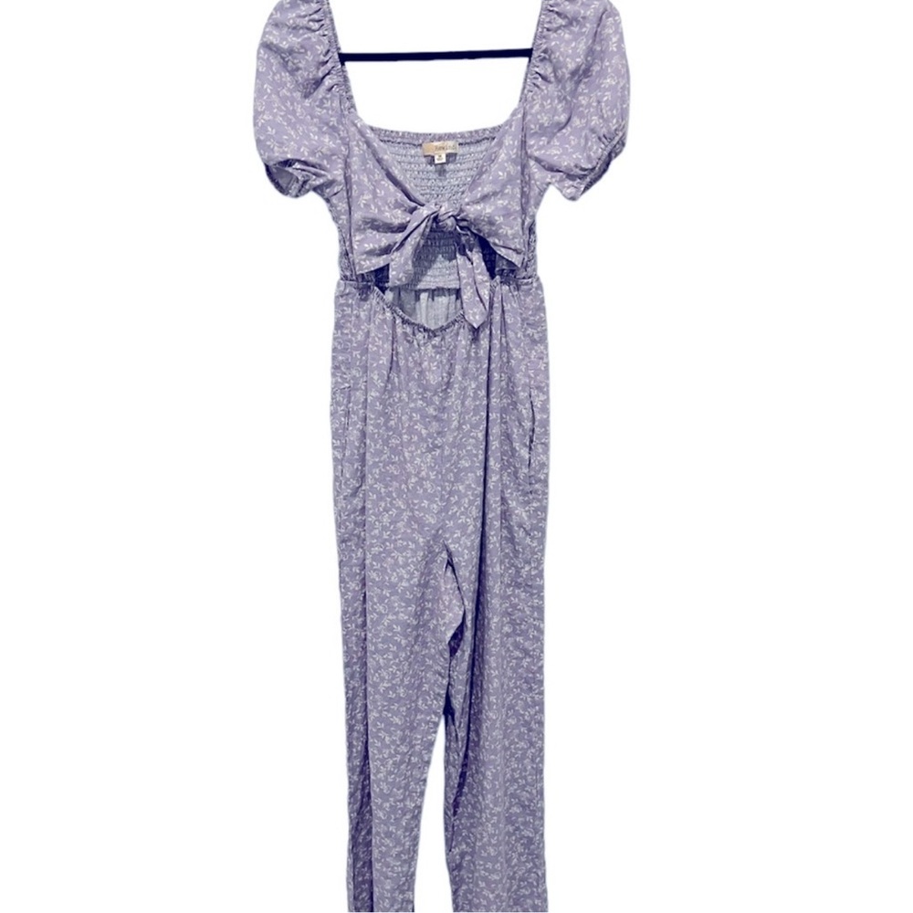 NET Rewind Floral Purple Cutout Tie Floral Puff Sleeve Jumpsuit - Picture 3 of 9